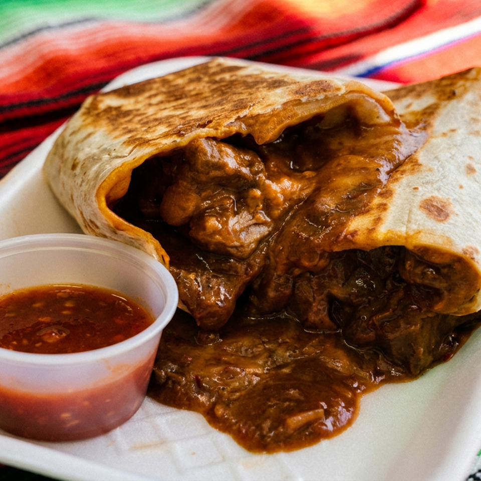 A large, saucy burrito with a side of salsa on a white tray, against a colorful striped blanket.