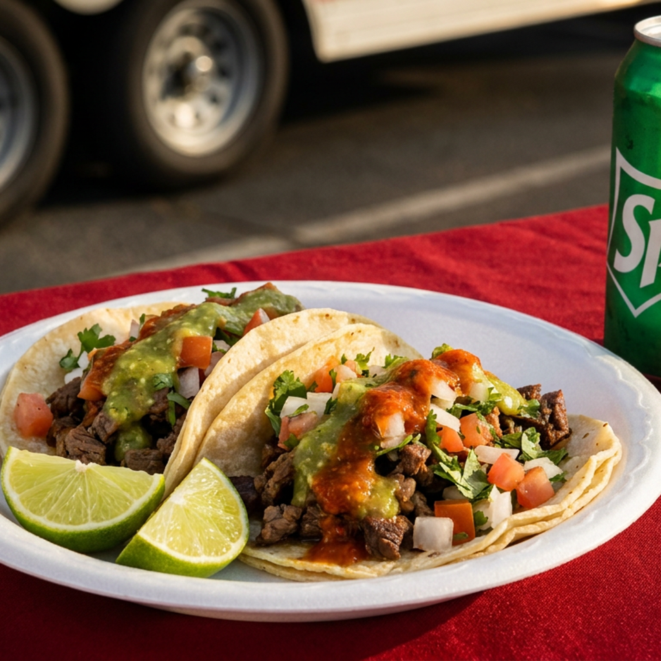 Two street tacos with lime wedges and a Sprite can on a red tablecloth, with a food truck in the background.