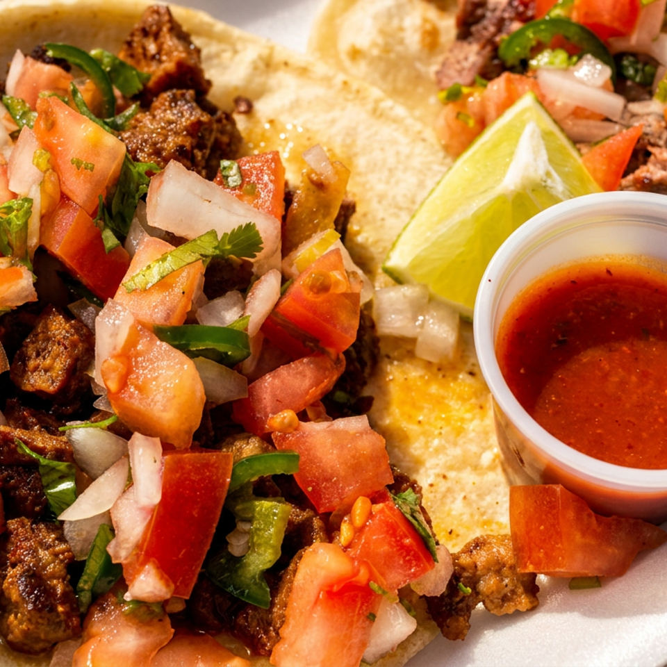 Two street tacos with meat, pico de gallo, and a side of red salsa and lime.