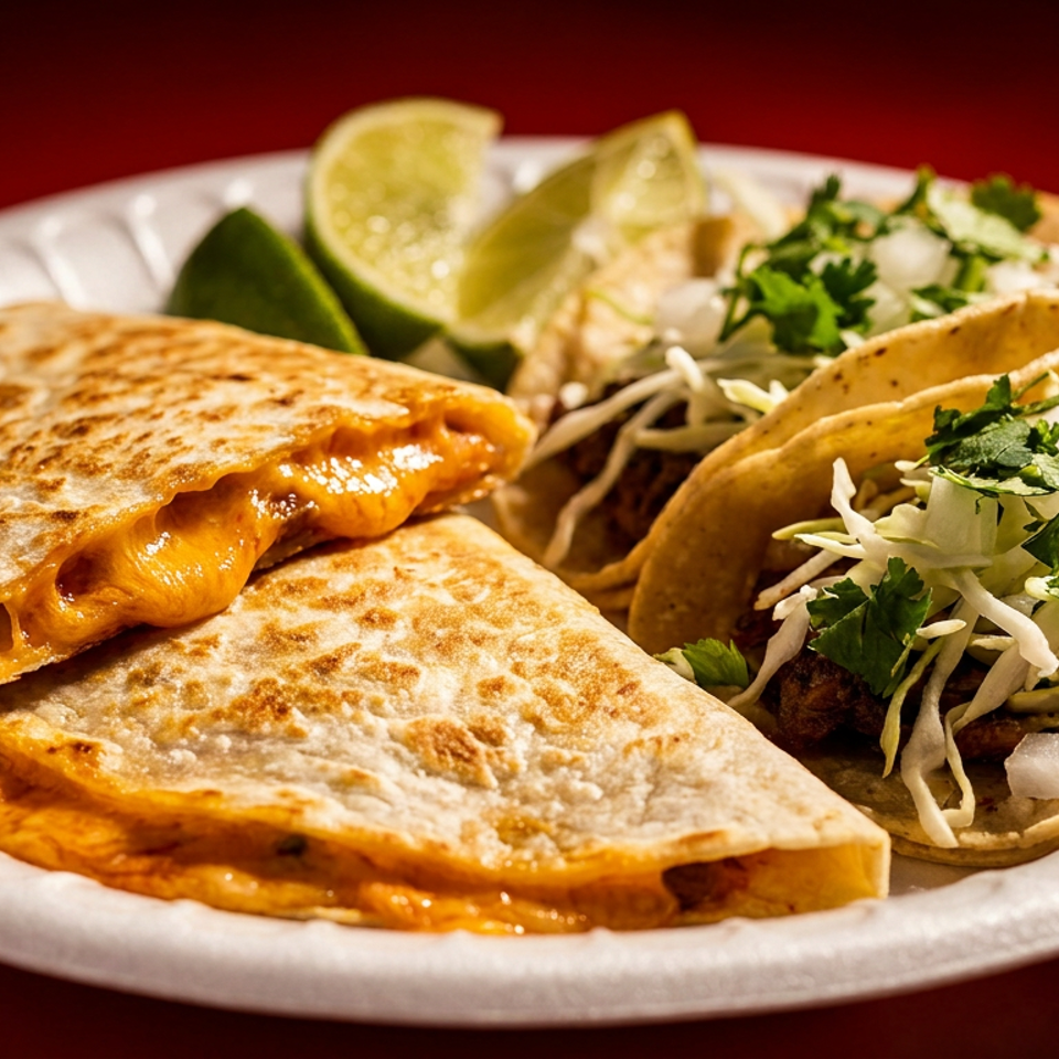 Cheesy quesadilla and three tacos with cabbage, onions, and cilantro, served with lime wedges.