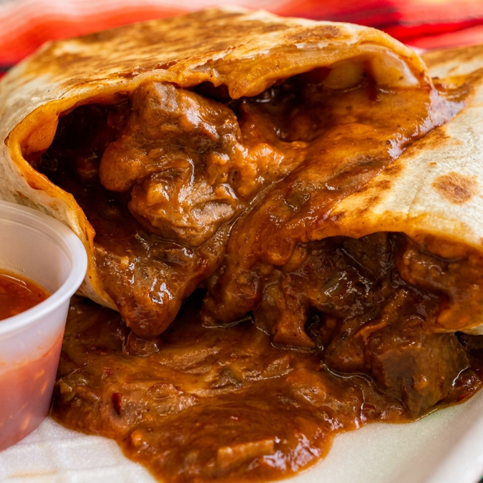 Two large, saucy burritos with chunks of meat, served with a side of red salsa.