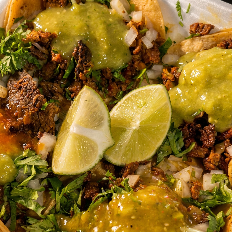 Four street tacos with carne asada, cilantro, onions, green salsa, and lime wedges in a to-go container.